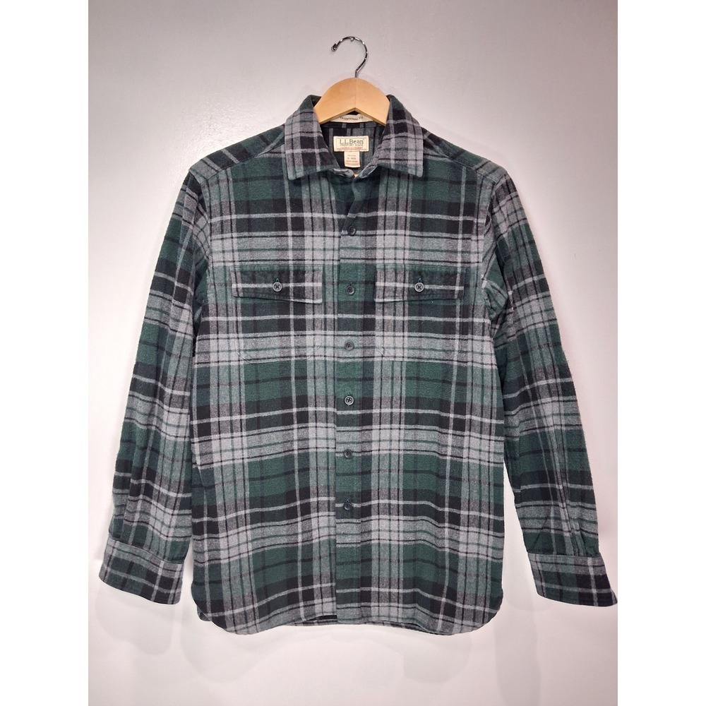 LL Bean Chamois Cloth Shirt Mens Small Green Grey Plaid Traditional Fit 277981